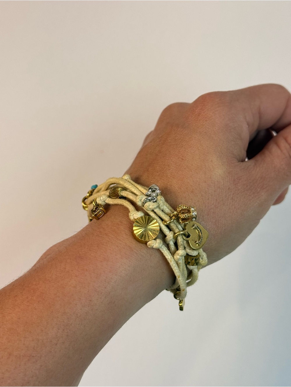 Juicy Couture Cream Braided Cord Bracelet with Gold Charms